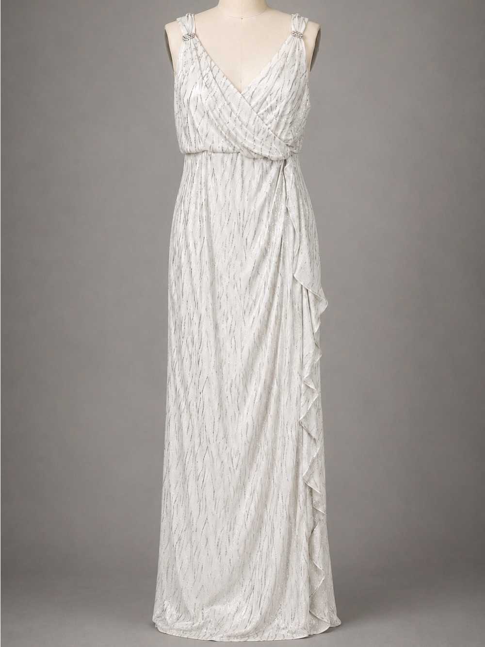 R & M Richards White Silver Beaded V-Neck Maxi Dress